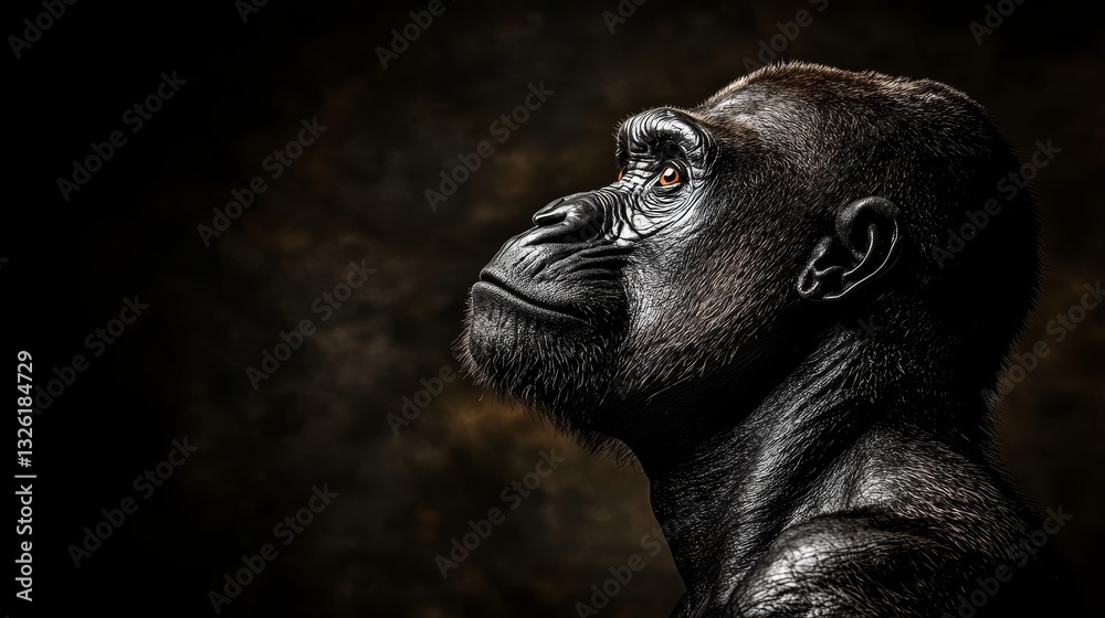Fototapeta premium Contemplative Gorilla Portrait A Study of Power and Intelligence on Dark Background