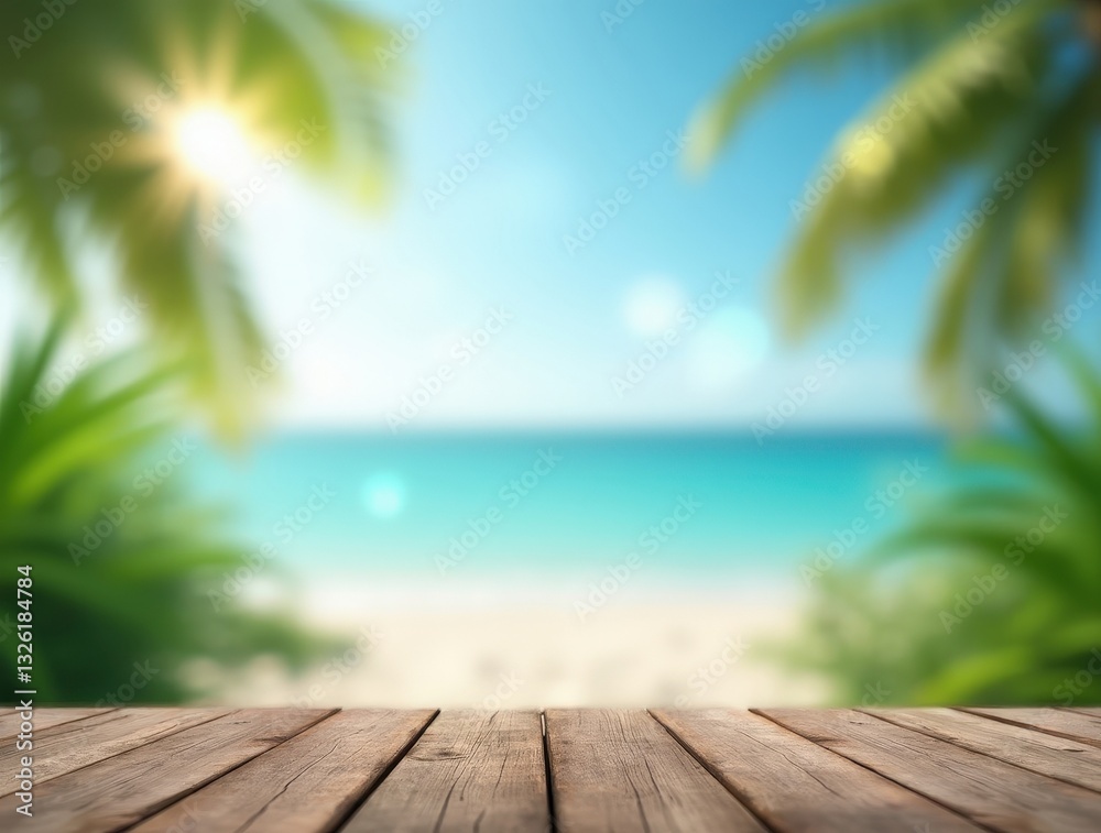 Wooden table surface overlooking a serene tropical beach with palm trees and sunlight Wooden table surface overlooking a serene tropical beach with palm trees and sunlight