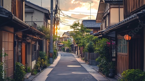 Alleyway view in Kyoto, Japan. Buildings at sunset