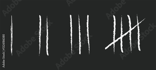 Grunge Tally Marks, Line or sticks doodle with brush strokes crossed out. Simple mathematical count visualization, prison or jail wall counter. Isolated vector illustration