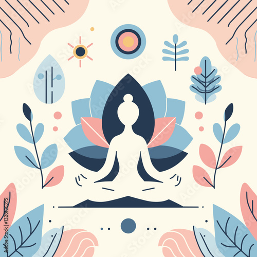 Meditating figure in lotus position surrounded by colorful floral elements and geometric shapes
