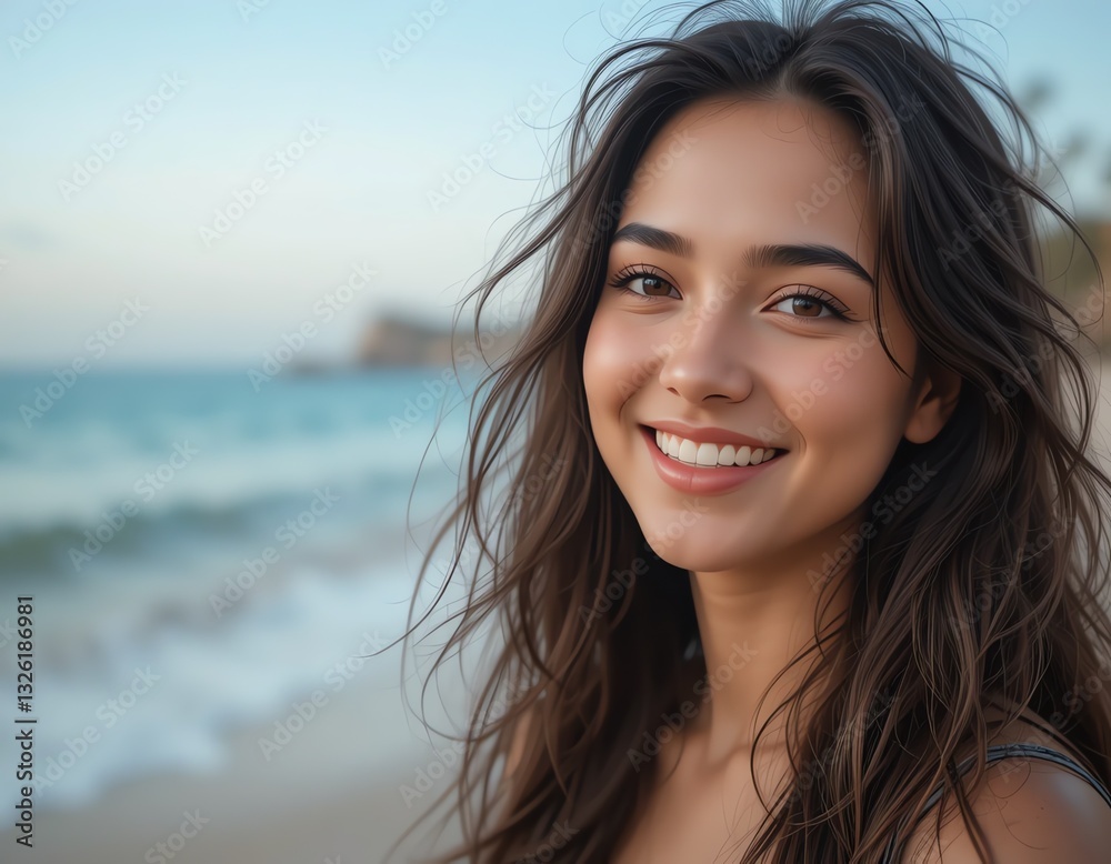 Smiling Woman on the Beach, Digital Art Smiling Woman on the Beach, Digital Art
