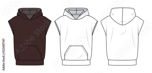 Unisex Sleeveless Hoodie Technical Fashion Illustration – Front & Back CAD Template