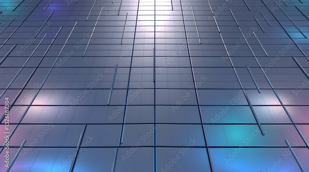 Obraz premium A 3D rendering of a grid pattern with reflective surfaces, illuminated with soft, colorful light from below.