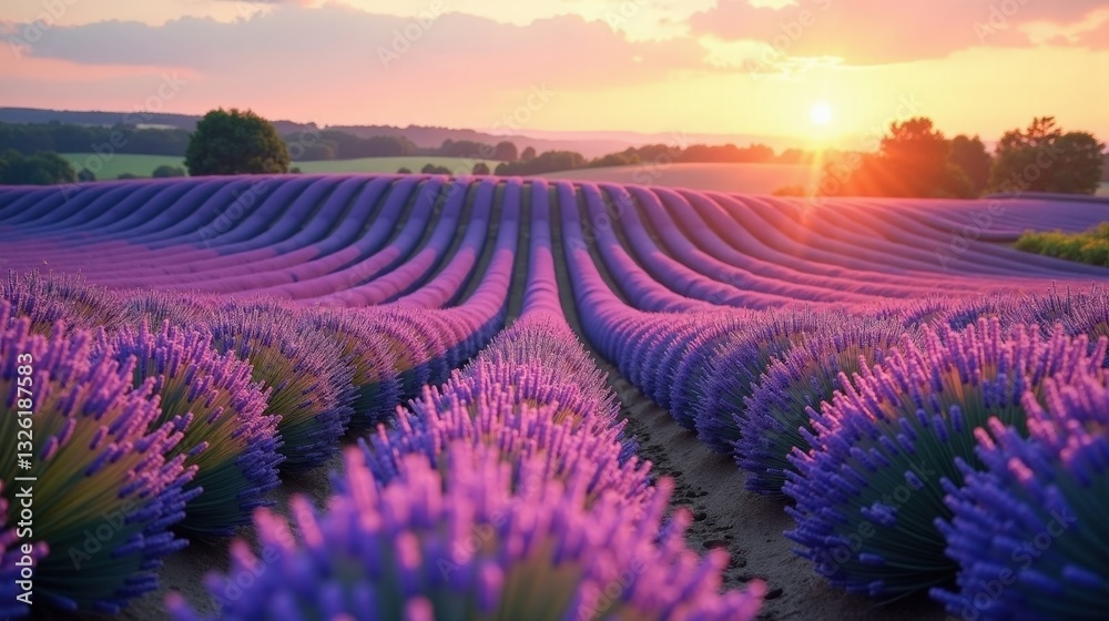 A rolling lavender field in full bloom, endless rows of violet flowers stretching toward the horizon, their fragrant scent filling the warm summer air under a soft golden sunset. A rolling lavender field in full bloom, endless rows of violet flowers stretching toward the horizon, their fragrant scent filling the warm summer air under a soft golden sunset.