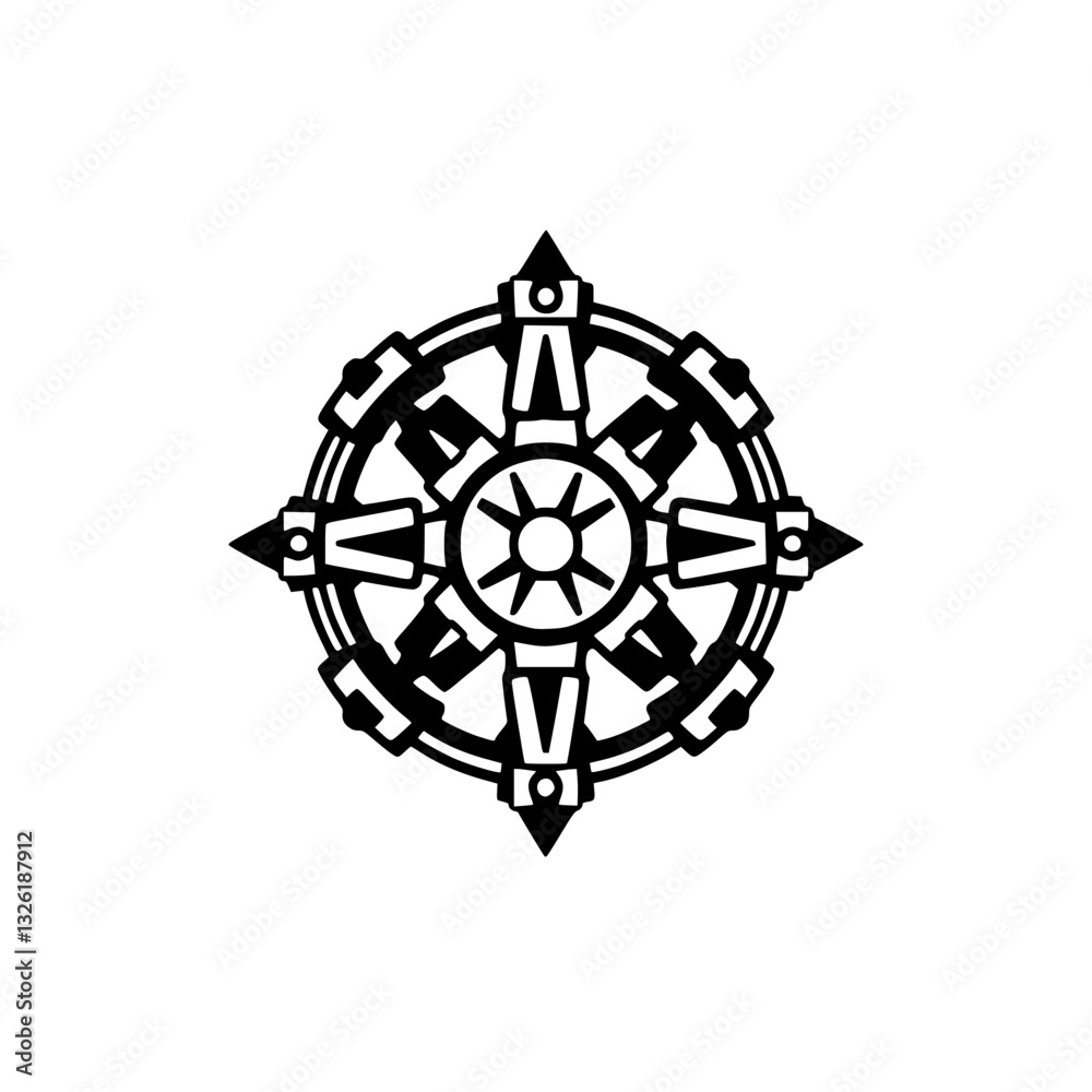 Obraz premium Intricate Black and White Wheel Symbol with Star Center and Angular Spokes on White Background.