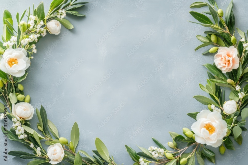 Fototapeta premium Minimalistic Floral Arrangement With White Flowers and Green Leaves on a Textured Blue Background