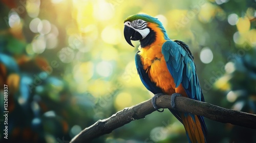 A colorful parrot sitting peacefully on a natural tree branch