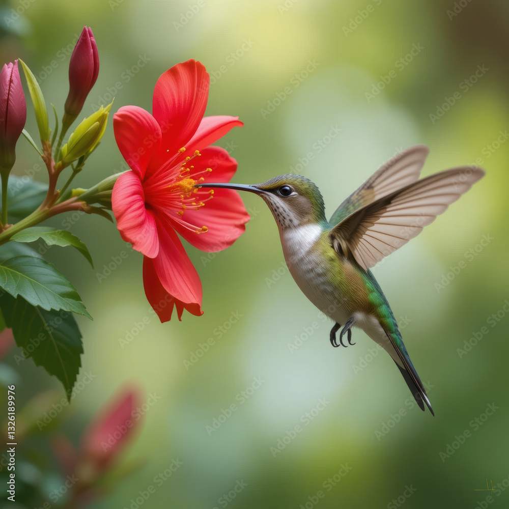Naklejka premium hummingbird hovering near vibrant red flower, showcasing nature beauty and grace