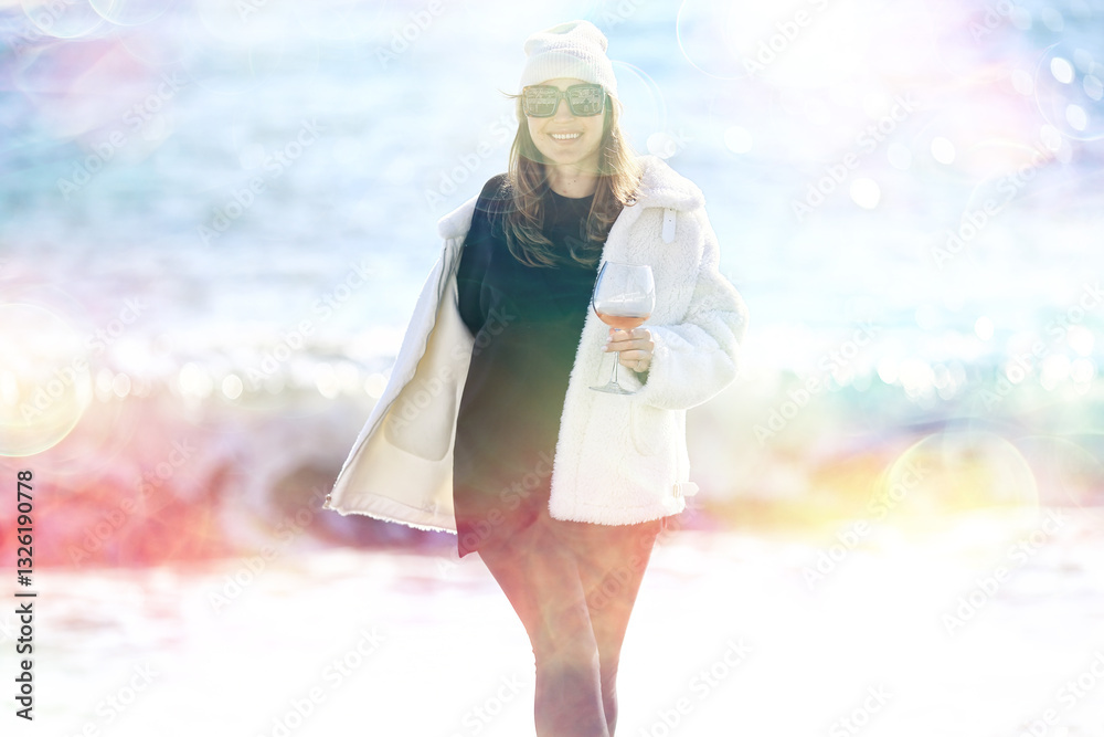 girl with a glass of wine mediterranean sea winter, vacation happiness europe france nice girl with a glass of wine mediterranean sea winter, vacation happiness europe france nice