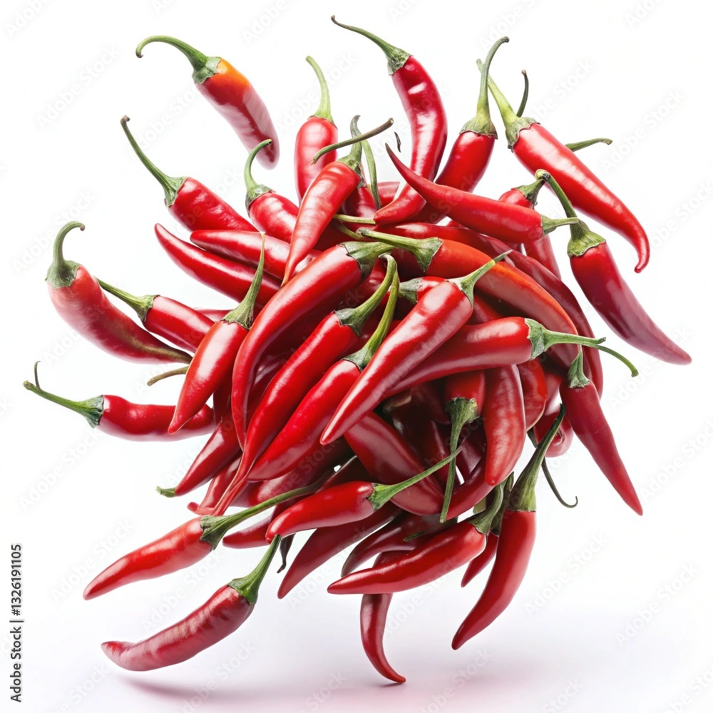 Red hot chili peppers flying in air isolated Red hot chili peppers flying in air isolated