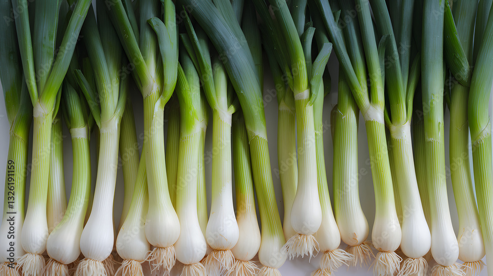 Realistic illustration of fresh, ripe scallions (green onions), emphasizing their smooth texture and vibrant color, against a clean white background for a fresh and minimalistic aesthetic. Realistic illustration of fresh, ripe scallions (green onions), emphasizing their smooth texture and vibrant color, against a clean white background for a fresh and minimalistic aesthetic.