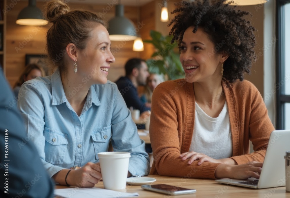 Two women enjoying a conversation in a cozy café setting Two women enjoying a conversation in a cozy café setting