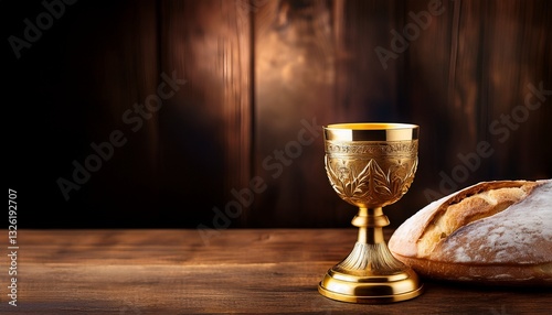 A golden chalice and the Eucharist gracefully placed on a rustic wooden table, providing ample space for branding or text. A serene religious still life