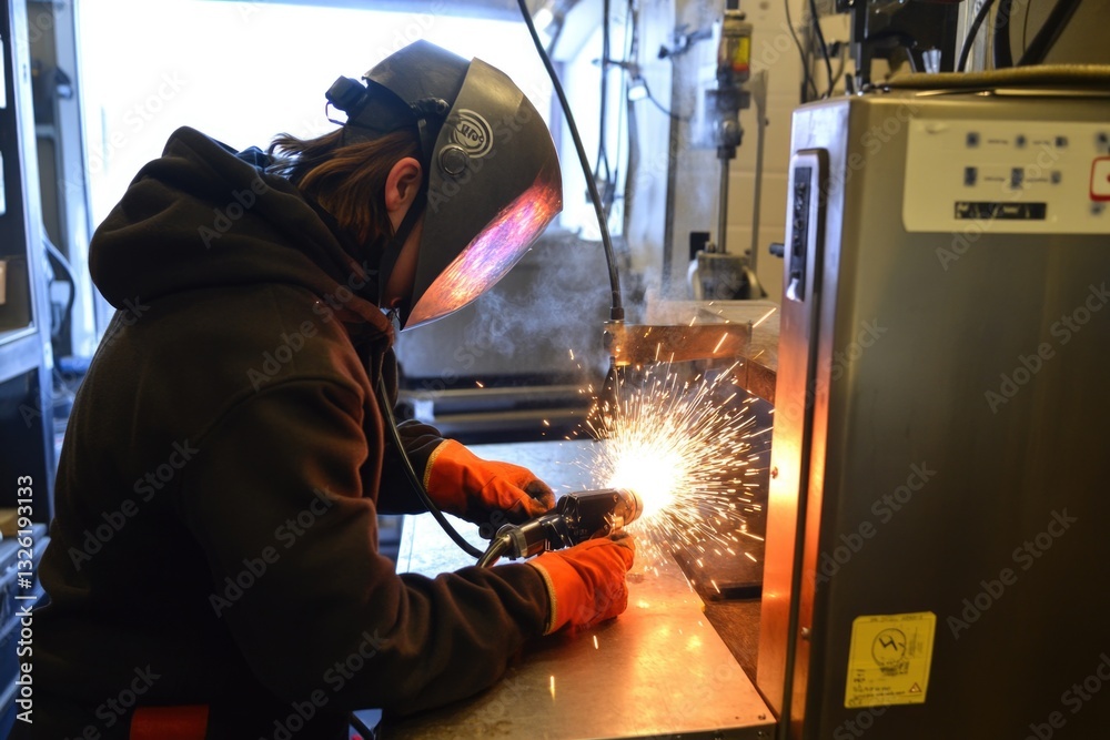 A person in a welding helmet works on a piece of metal, highlighting their occupation and attention to detail A person in a welding helmet works on a piece of metal, highlighting their occupation and attention to detail