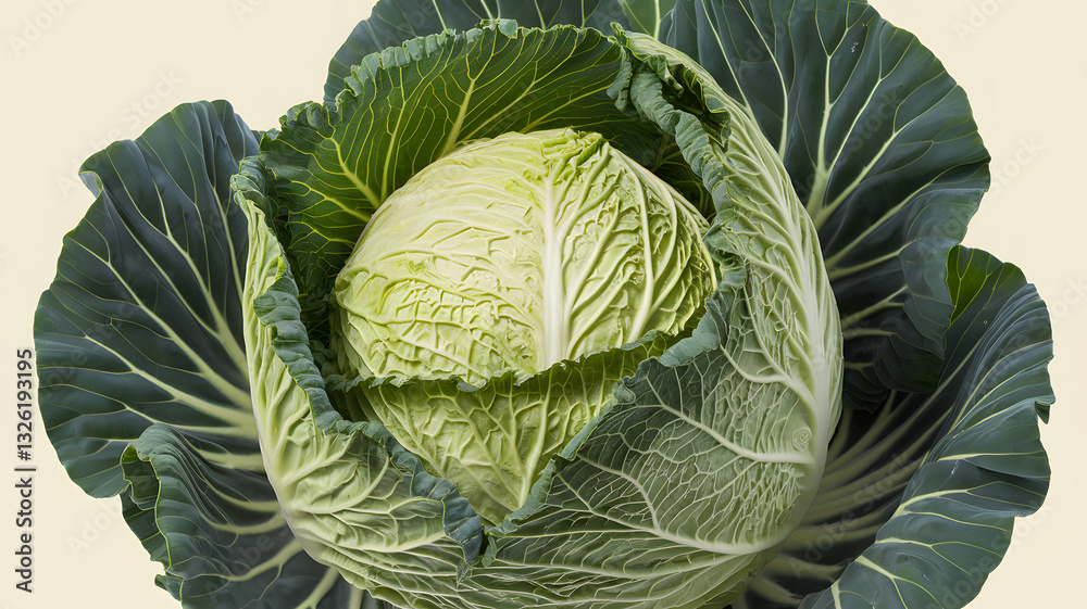 Obraz premium Realistic illustration of fresh, ripe cabbage, emphasizing its smooth texture and vibrant color, against a clean white background for a fresh and minimalistic aesthetic.