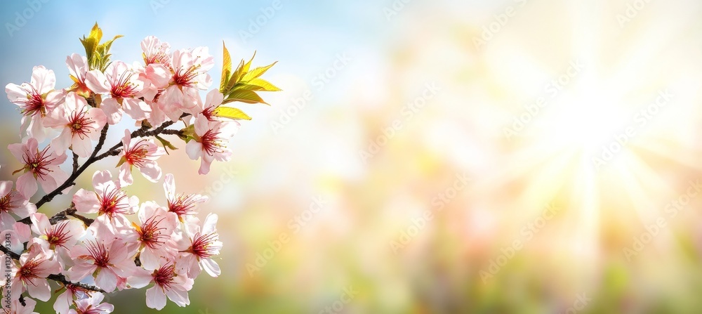 Cherry Blossom Branch On Spring Day. Bright Sunlight And Bokeh Effect On Blurred Background Cherry Blossom Branch On Spring Day. Bright Sunlight And Bokeh Effect On Blurred Background
