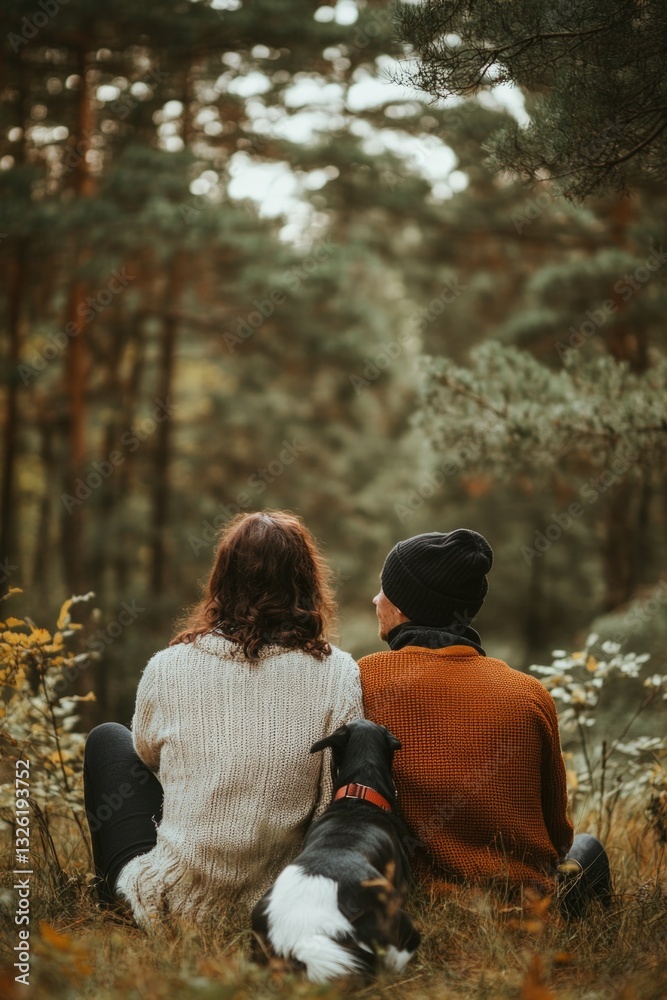 Fototapeta premium A couple sits together on a log in the woods, surrounded by nature, accompanied by their loyal dog