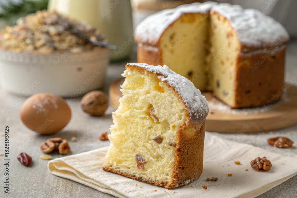 A slice of freshly baked Panettone cake dusted with sugar makes a perfect Easter treat. A slice of freshly baked Panettone cake dusted with sugar makes a perfect Easter treat.
