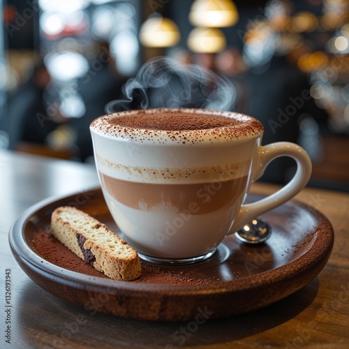 A steaming cup of cappuccino with a thick, frothy milk foam dusted with cocoa powder, placed on a stylish wooden tray. A small biscotti rests beside the cup, and a blurred background of a modern café 
