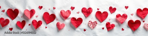 Intricate red and white heart pattern on white cloth Romantic, delicate design , detail, hearts, white fabric