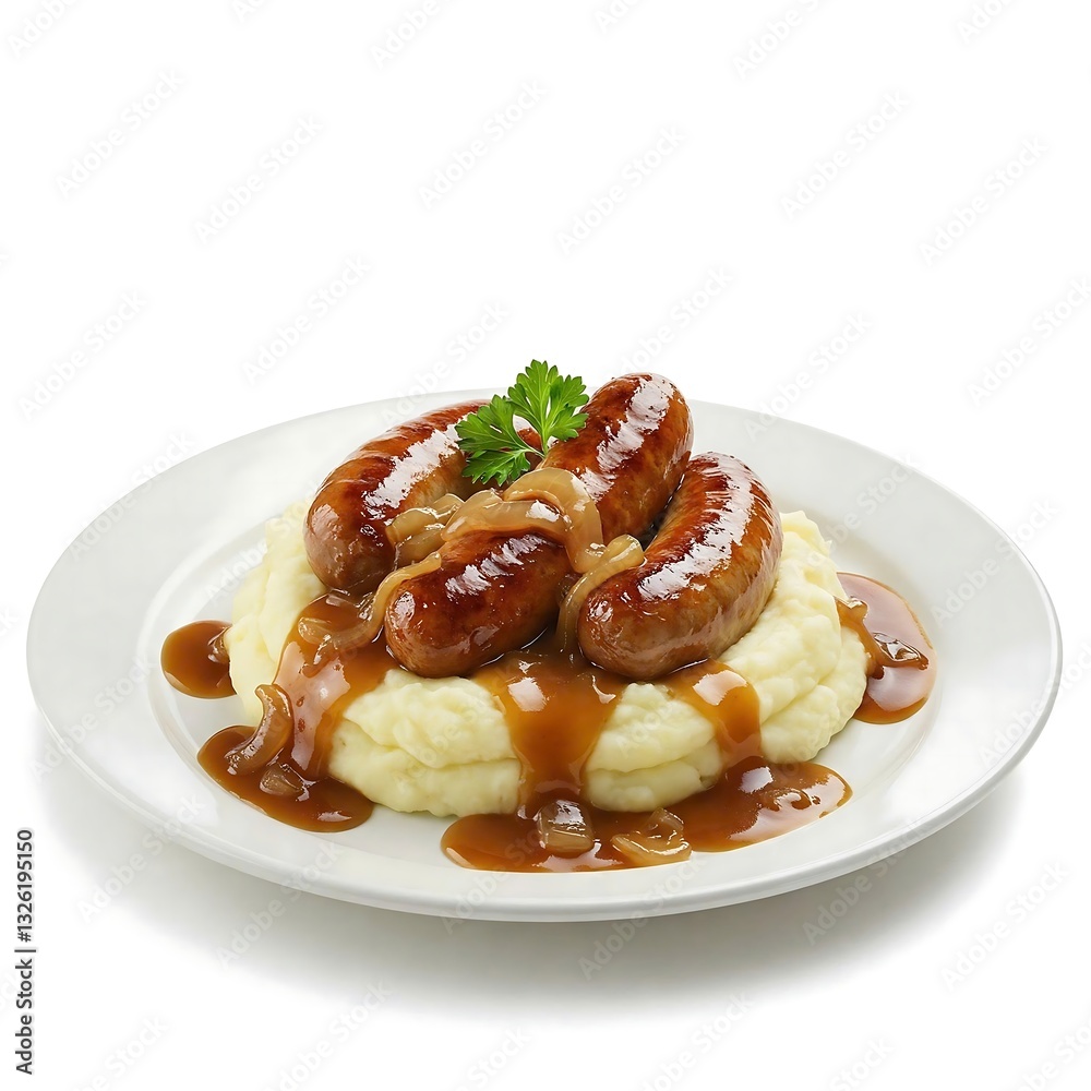 Naklejka premium bangers and mash with golden sausages atop creamy mashed potatoes, smothered in onion gravy,