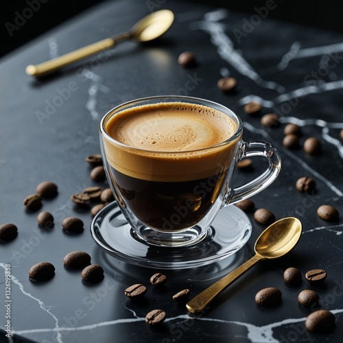 A rich double-shot espresso served in a transparent glass cup, showcasing its velvety golden crema. The cup sits on a sleek black marble table, surrounded by scattered coffee beans and a gold spoon.