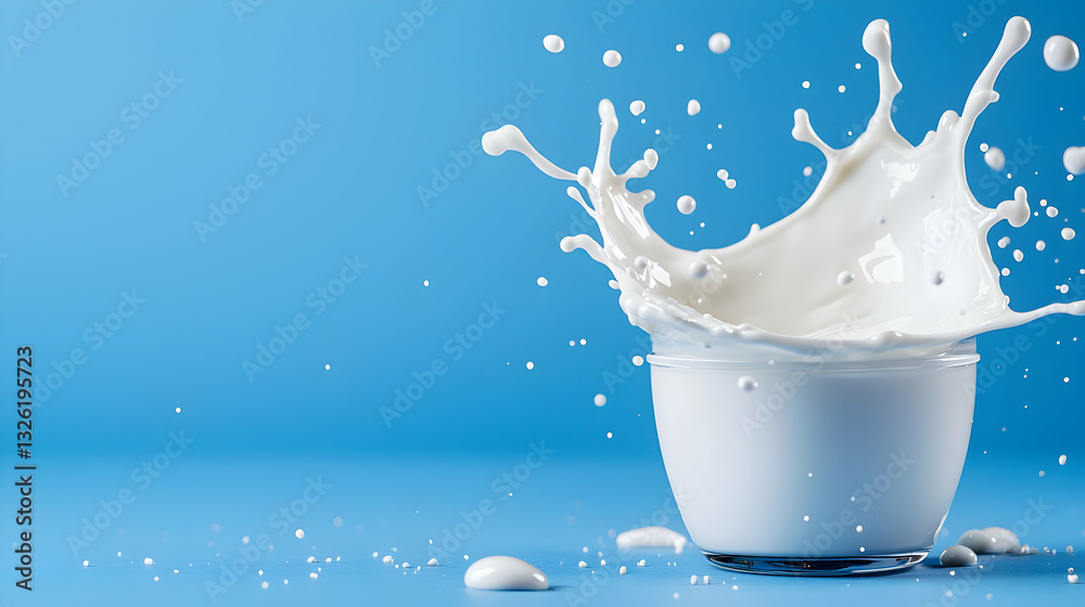 Milk Splashing in a Glass Against a Blue Background Milk Splashing in a Glass Against a Blue Background
