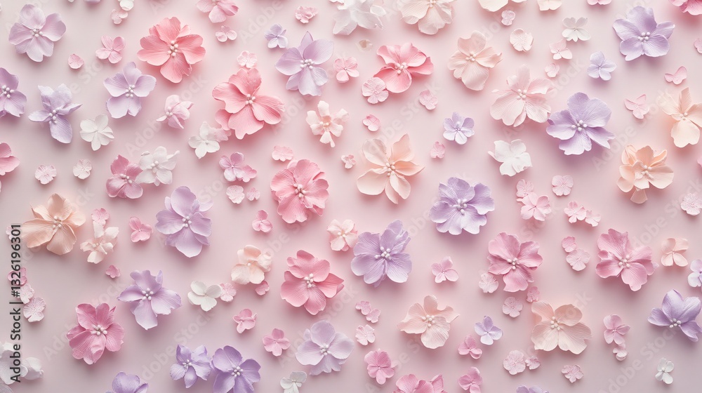 Obraz premium Scattered floral patterns in pastel pink and pale lavender plain background