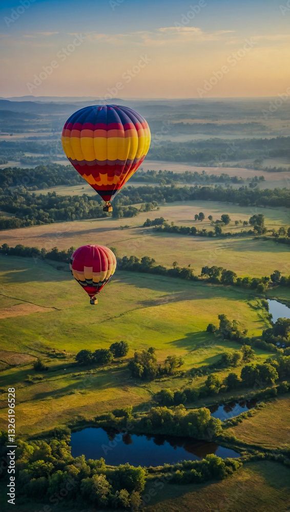 Obraz premium Colorful hot air balloon soaring over a peaceful landscape.