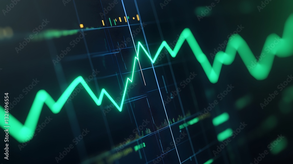 Green Line Graph Displaying Financial Trends on Digital Screen with Glowing Elements and Dark Background