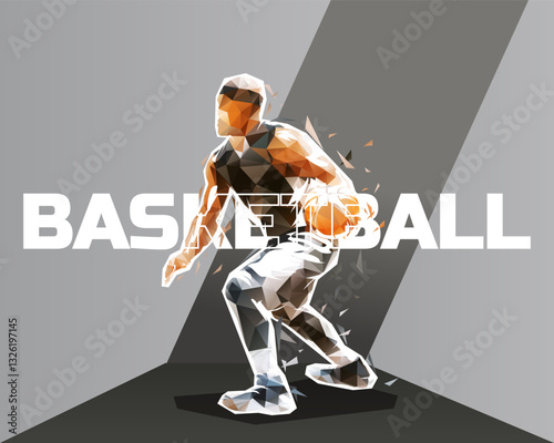 Basketball graphic design, low poly basketball player dribbling ball. Sports banner