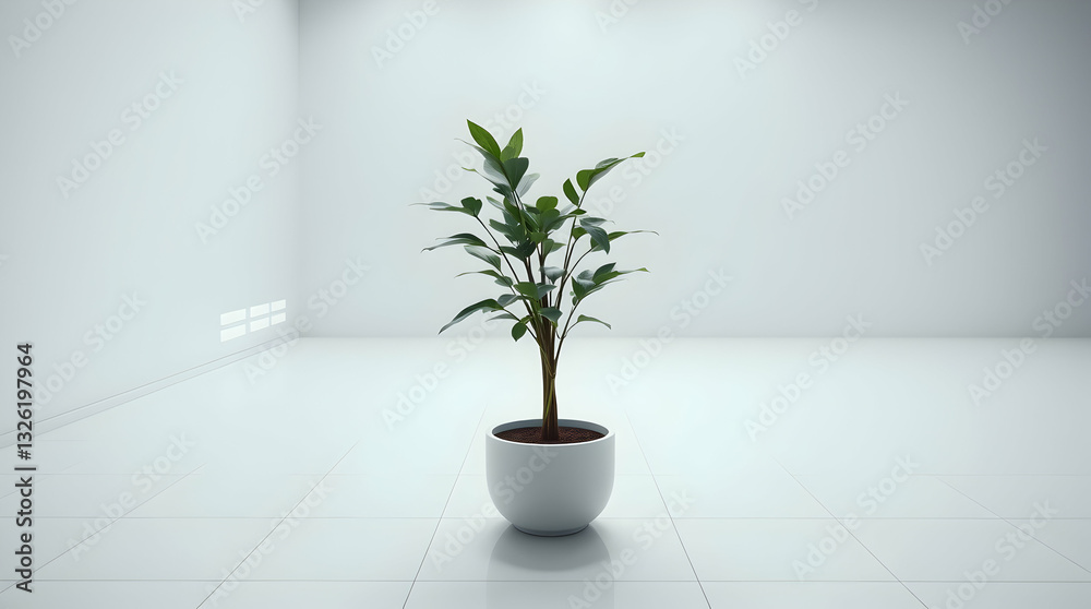 Fototapeta premium A potted plant with thin leaves stands centered in a bright, empty room with white walls and a white floor.