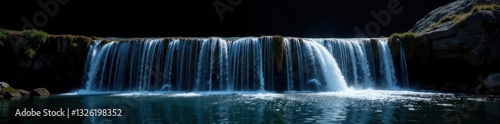 Isolated waterfall, cascading water on black background, natural, isolated