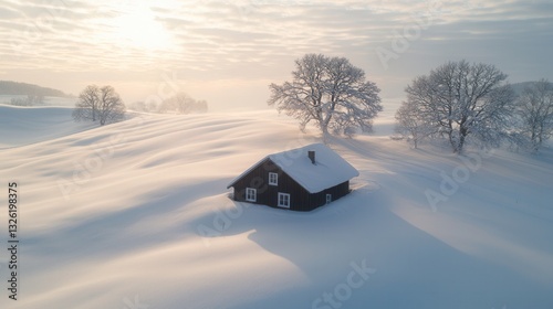 Secluded Winter Cabin on Snow Covered Hillside at Sunrise