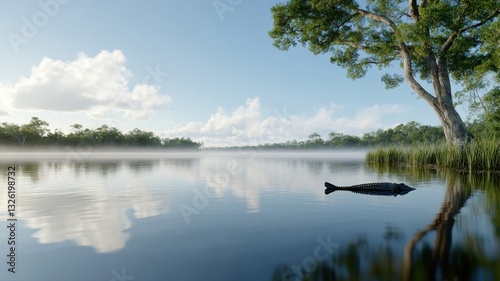 Serene lake view with mist rising, reflecting sky and trees, creating a peaceful natural scene.