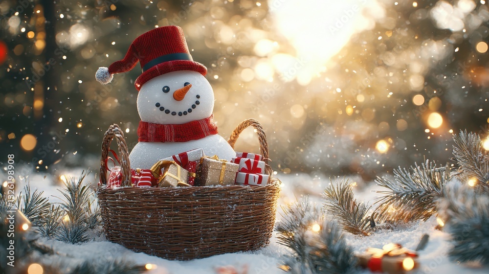 Obraz premium Cheerful Snowman in Winter Scene with Gifts and Festive Lights