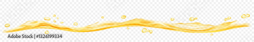 Long translucent water wave with drops, in yellow colors, isolated on transparent background. Transparency only in vector file