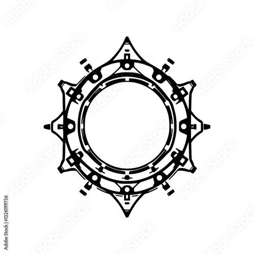 Intricate black and white vector illustration of a stylized, symmetrical circular design with radiating points, and internal ring details.