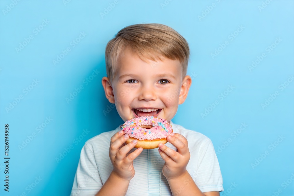 Cute young boy happily eating a donut against a blue background, enjoying a sweet treat Cute young boy happily eating a donut against a blue background, enjoying a sweet treat