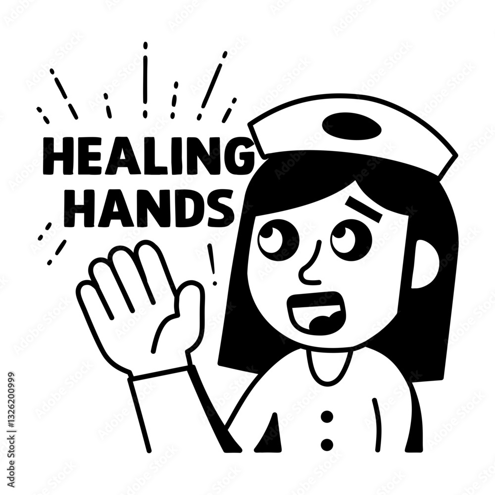 A glyph sticker of a medical nurse with healing hands typography A glyph sticker of a medical nurse with healing hands typography