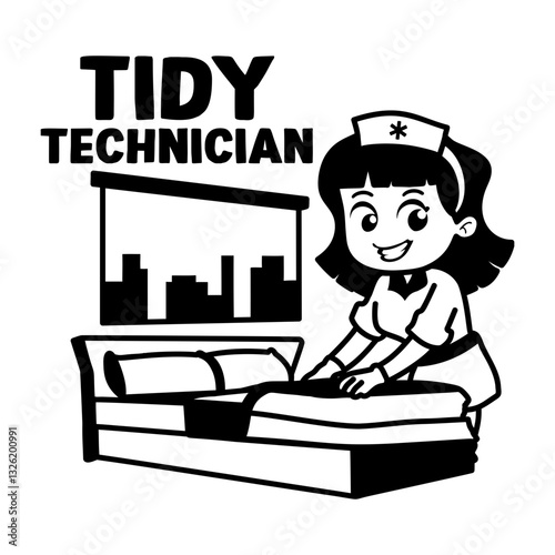 A glyph sticker of a nurse setting hospital bed with tidy technician typography 