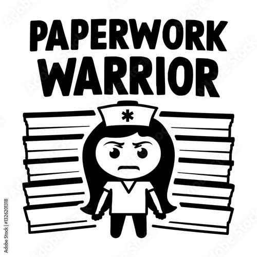 A glyph sticker of burnout nurse with paperwork warrior typography 