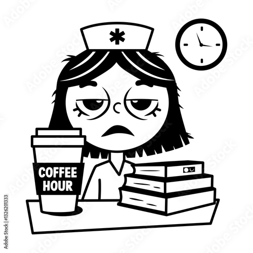 A glyph sticker of a tired nurse with coffee hour typography 