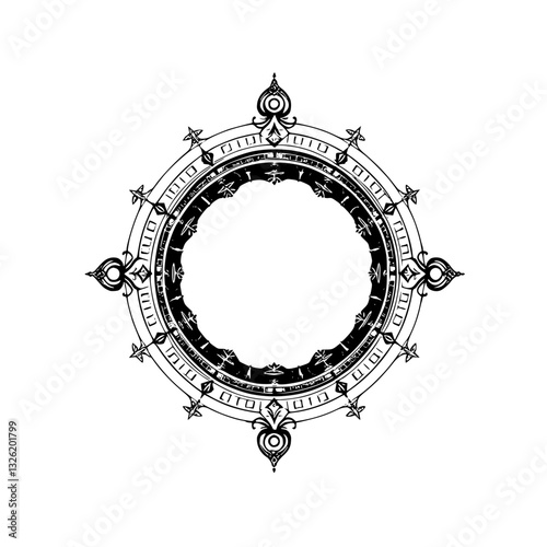 Intricate symmetric circular black and white design featuring ornate decorative elements and a central open space, reminiscent of a compass or emblem.