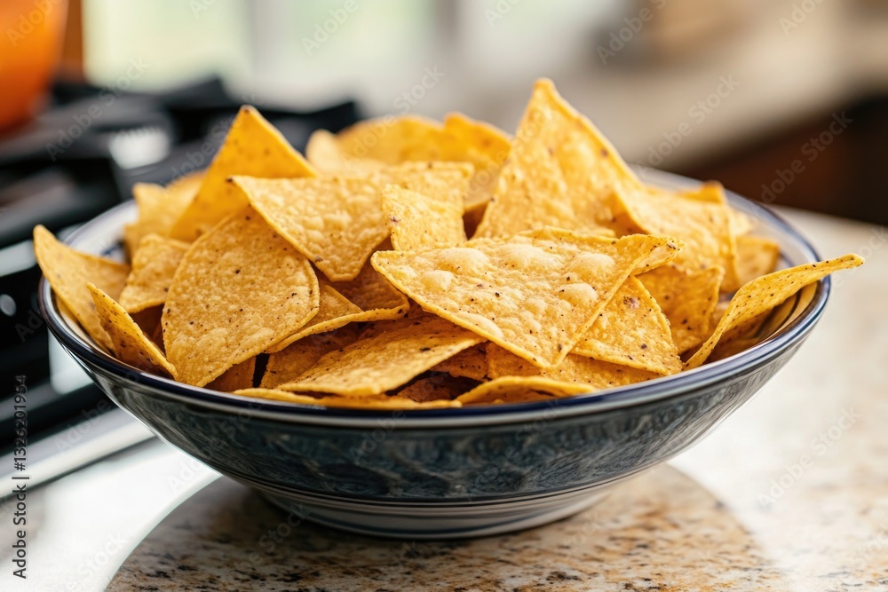 A bowl of tortilla chips sits on a counter, ready for snacking A bowl of tortilla chips sits on a counter, ready for snacking