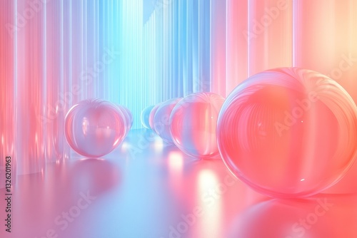 Low Angle Row of Glass Spheres with Neon Reflections, Abstract 3D Render, background, backdrop, Illustration, Modern, futuristic.