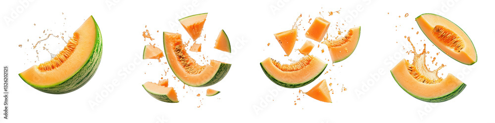 A series of cantaloupe slices exploding, showcasing vibrant orange flesh and green rind, captured in dynamic motion. A series of cantaloupe slices exploding, showcasing vibrant orange flesh and green rind, captured in dynamic motion.