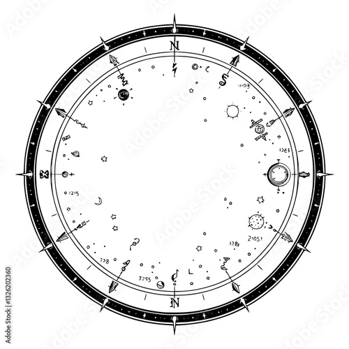 Intricate Celestial Compass: A Detailed Black and White Illustration of a Circular Astrological Chart with Stars, Planets, and Cardinal Directions.