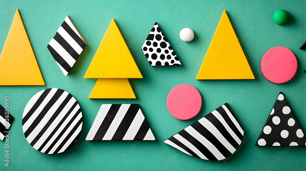 Obraz premium Colorful geometric shapes and patterns on teal background.
